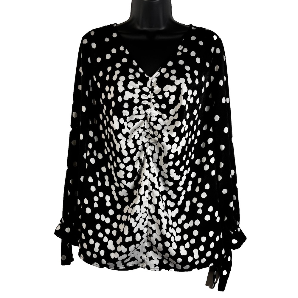Alfani Womens Blouse Black Size M Polka Dot V Neck Long‎ Sleeve Tie Cuffs Ruched